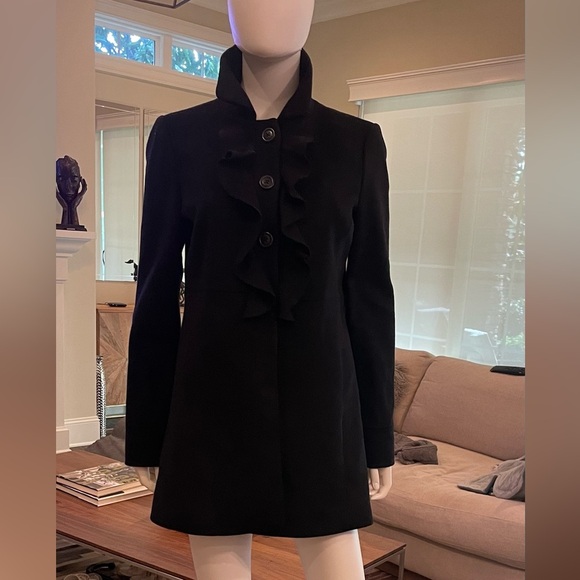 J. Crew Black 100% Wool Ruffle Button Front Winter Coat Sz 8 Jacket Peacoat boho - Picture 2 of 16
